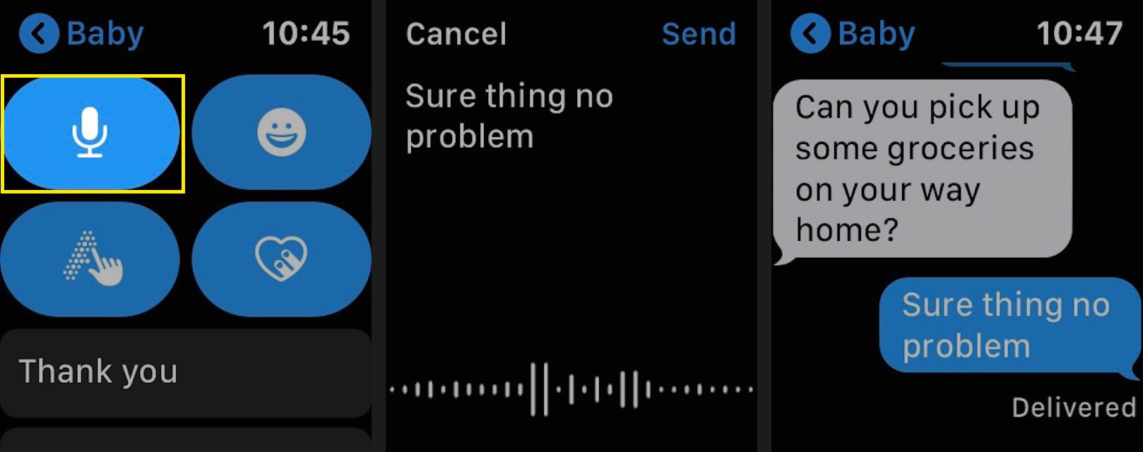 Använd mikrofonen för att svara på ett meddelande på Apple Watch
