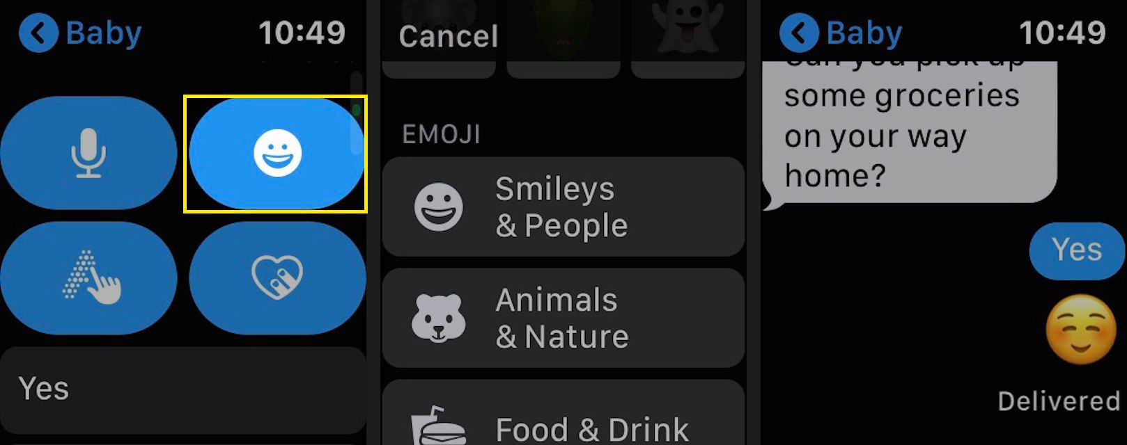 Tryck på Emoji för att skicka ett emoji-svar på din Apple Watch