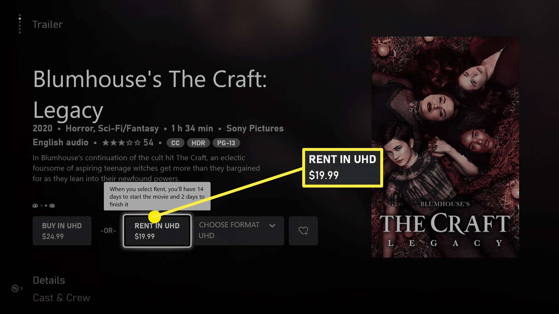 En skärmdump av en sida för att köpa / hyra en film i Xbox Series X / S-butiken.