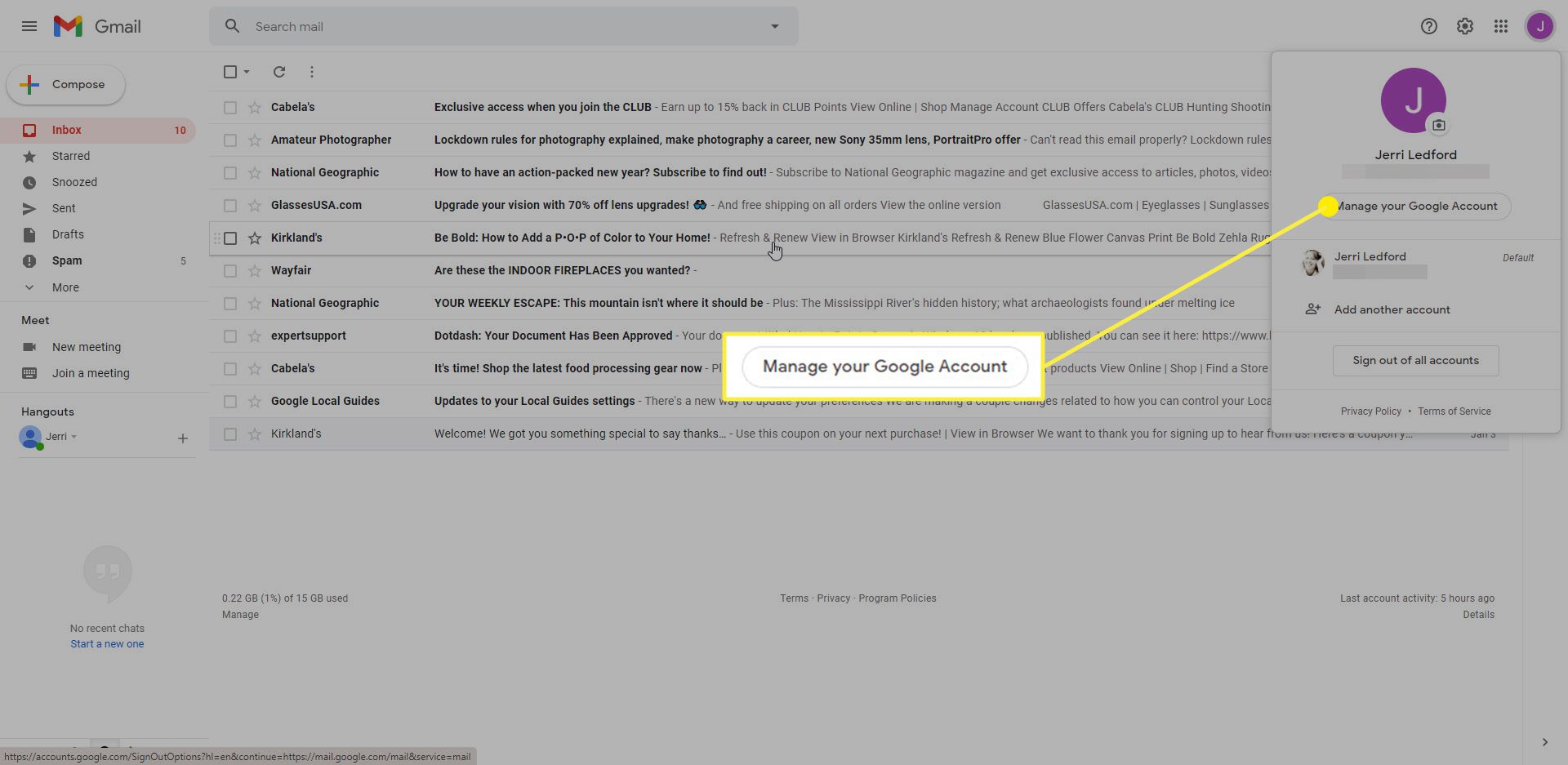Gmail med knappen Hantera ditt Google-konto markerad