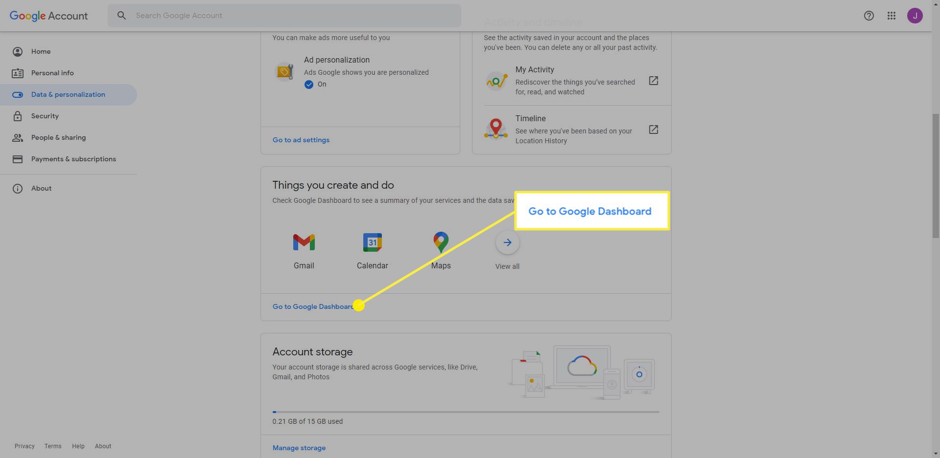 Google-konto med länken "Gå till Google Dashboard" markerad
