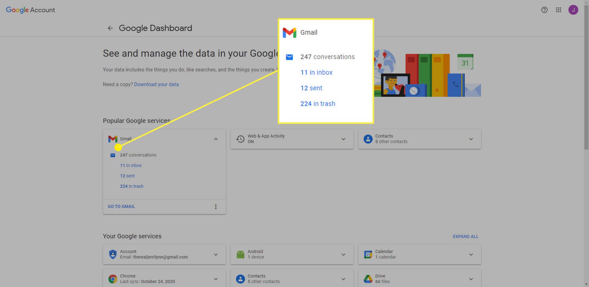 Googles tjänster med Gmail-information markerad