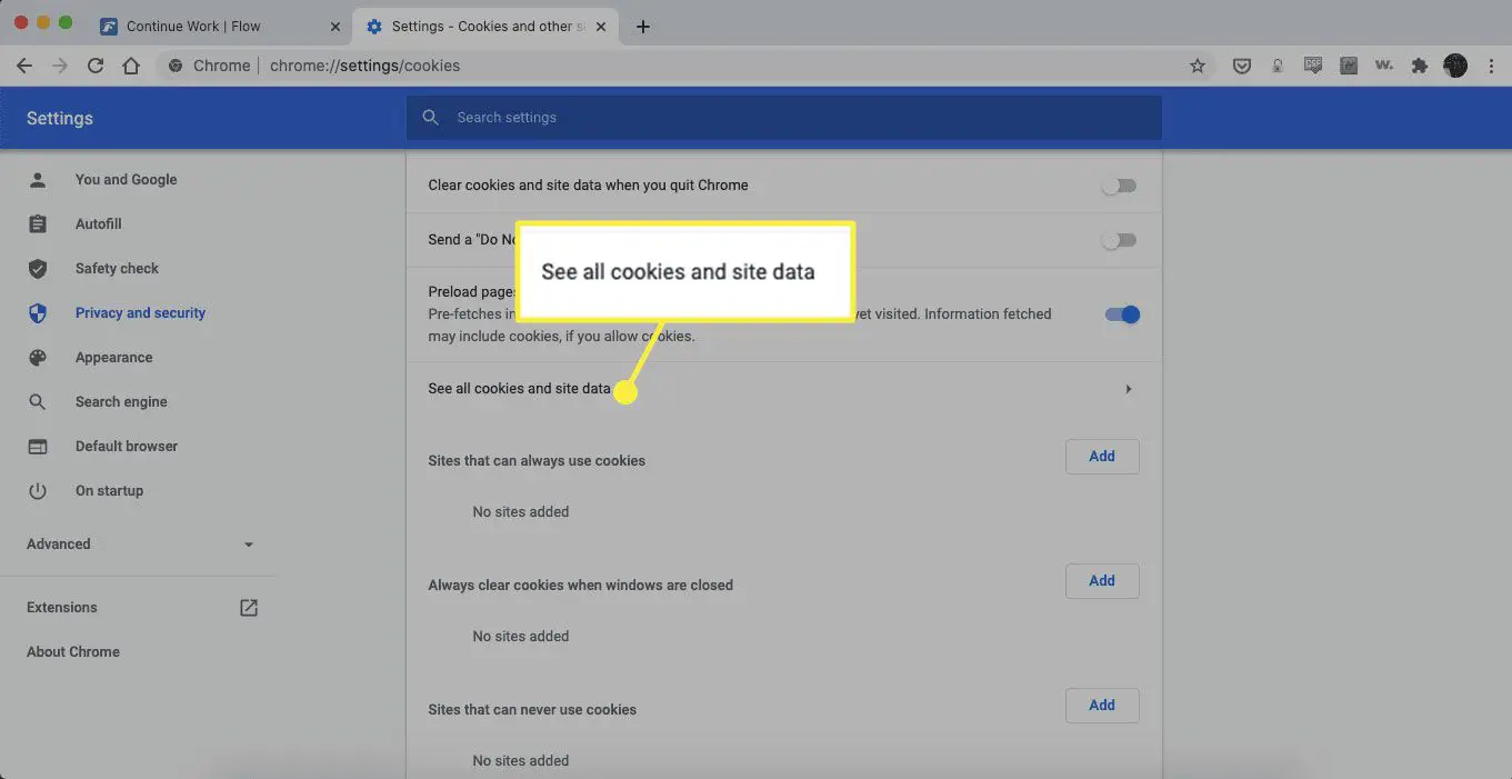 Rubriken "Se alla cookies och webbplatsdata" i Chrome-inställningar