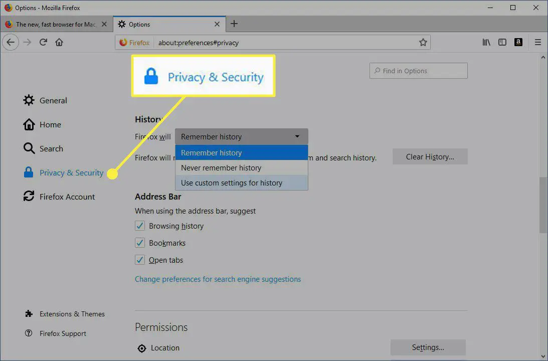Rubriken Sekretess och säkerhet i Firefox-inställningarna