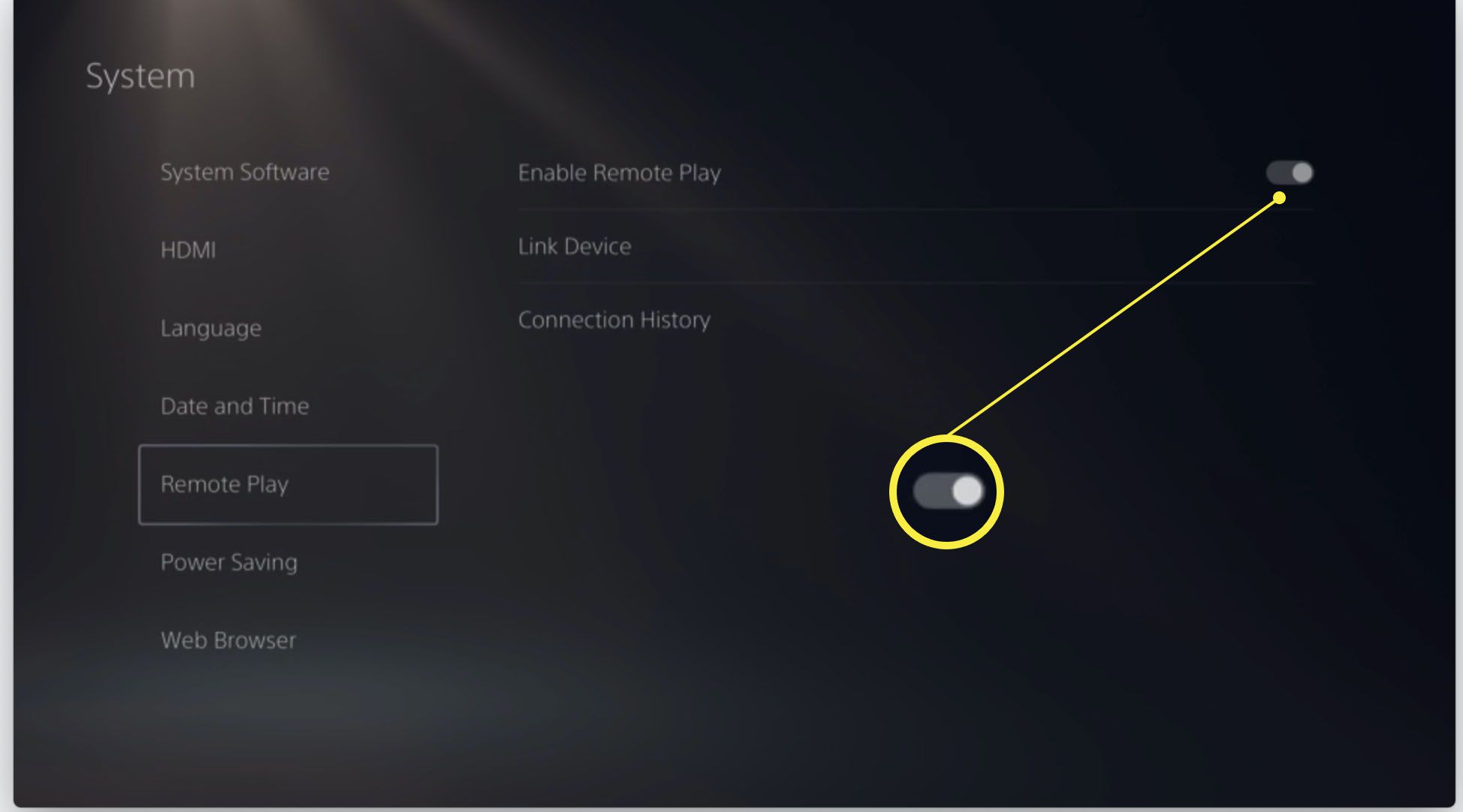 Playstation 5 med Enable Remote Play markerad