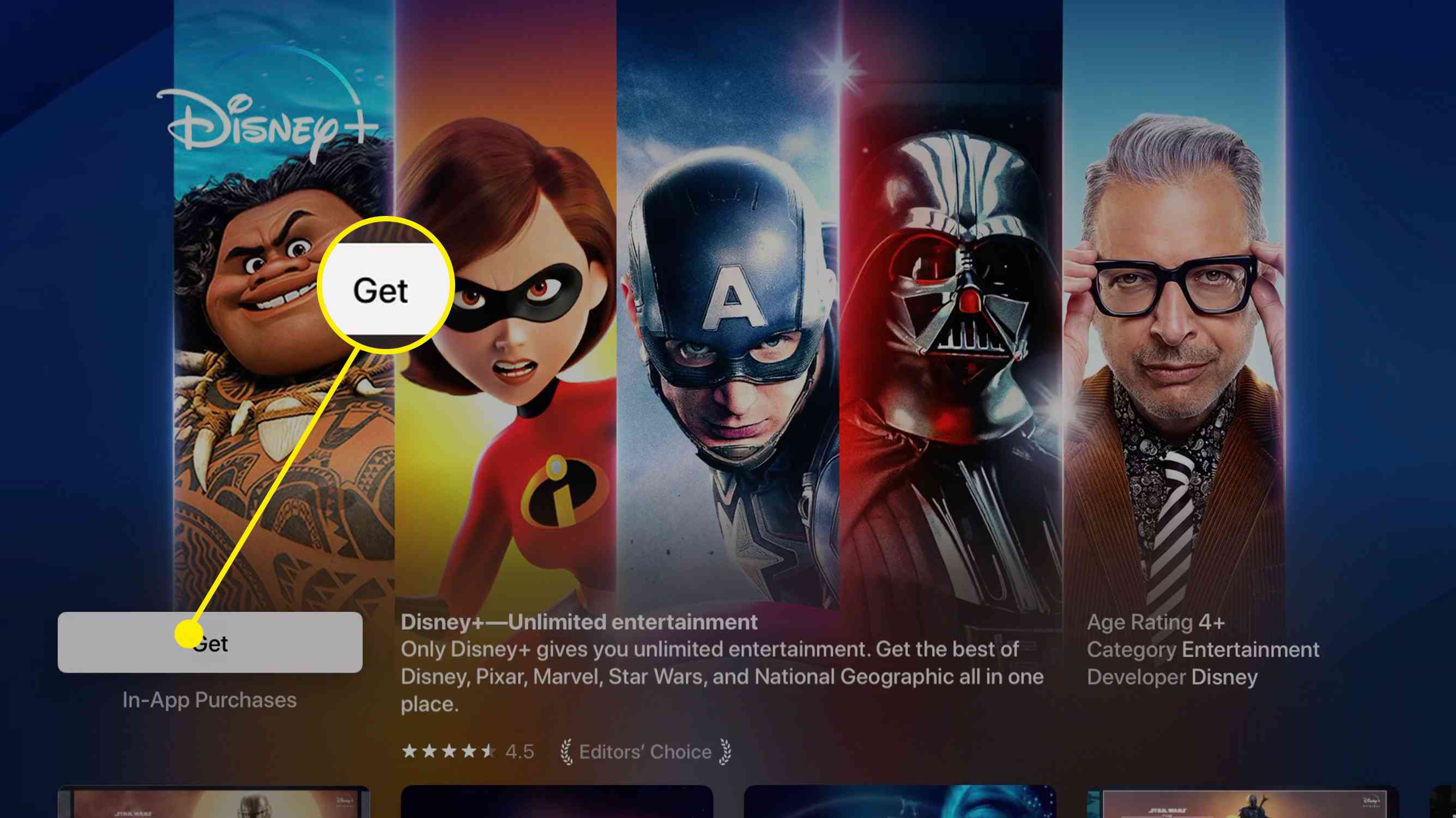 Skärmdump av Disney + -appen i Apple TV App Store