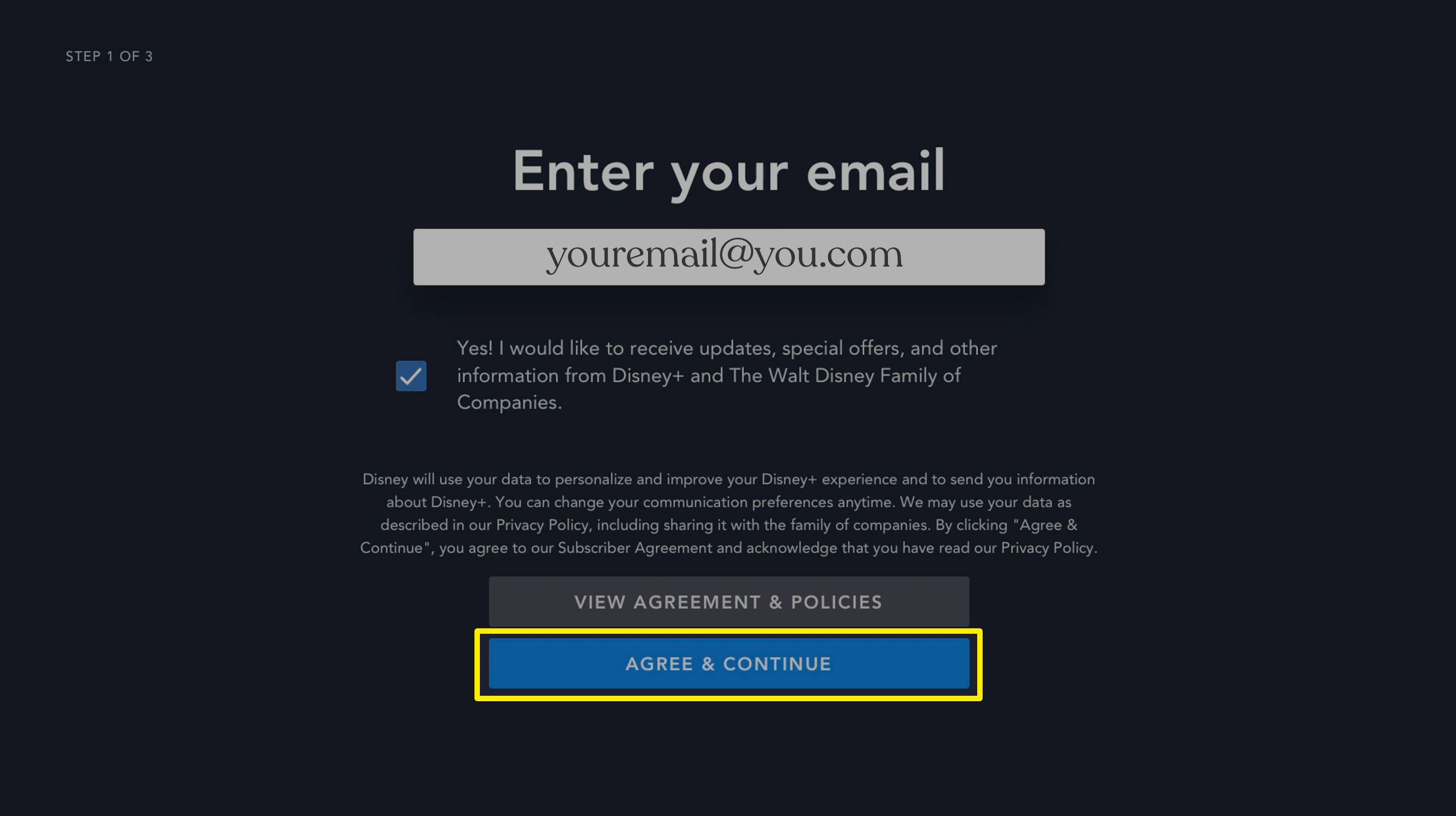Skärmdump av Disney + e-postinmatningsskärm på Apple TV