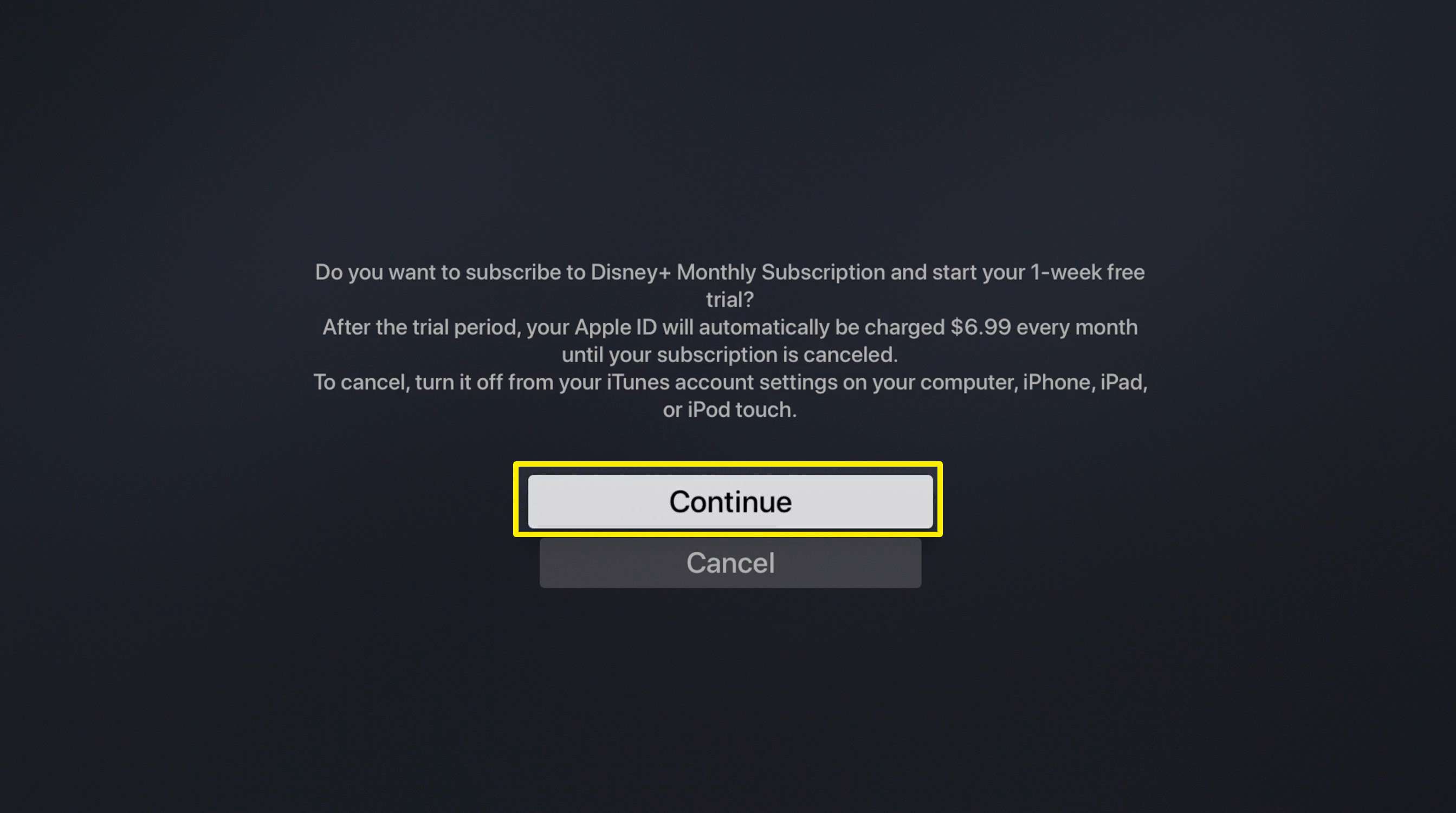 Skärmdump av Disney + prenumerationsbekräftelse på Apple TV