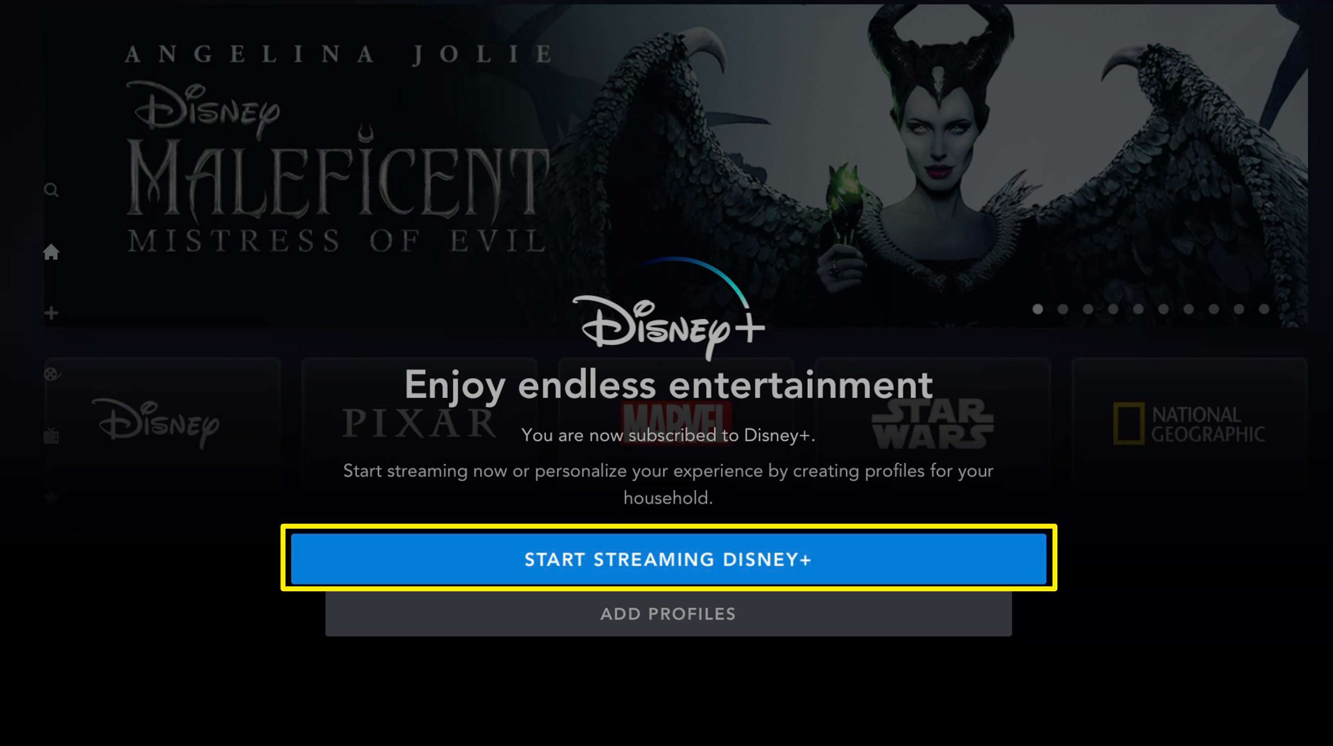 Skärmdump av Disney + komma igång på Apple TV