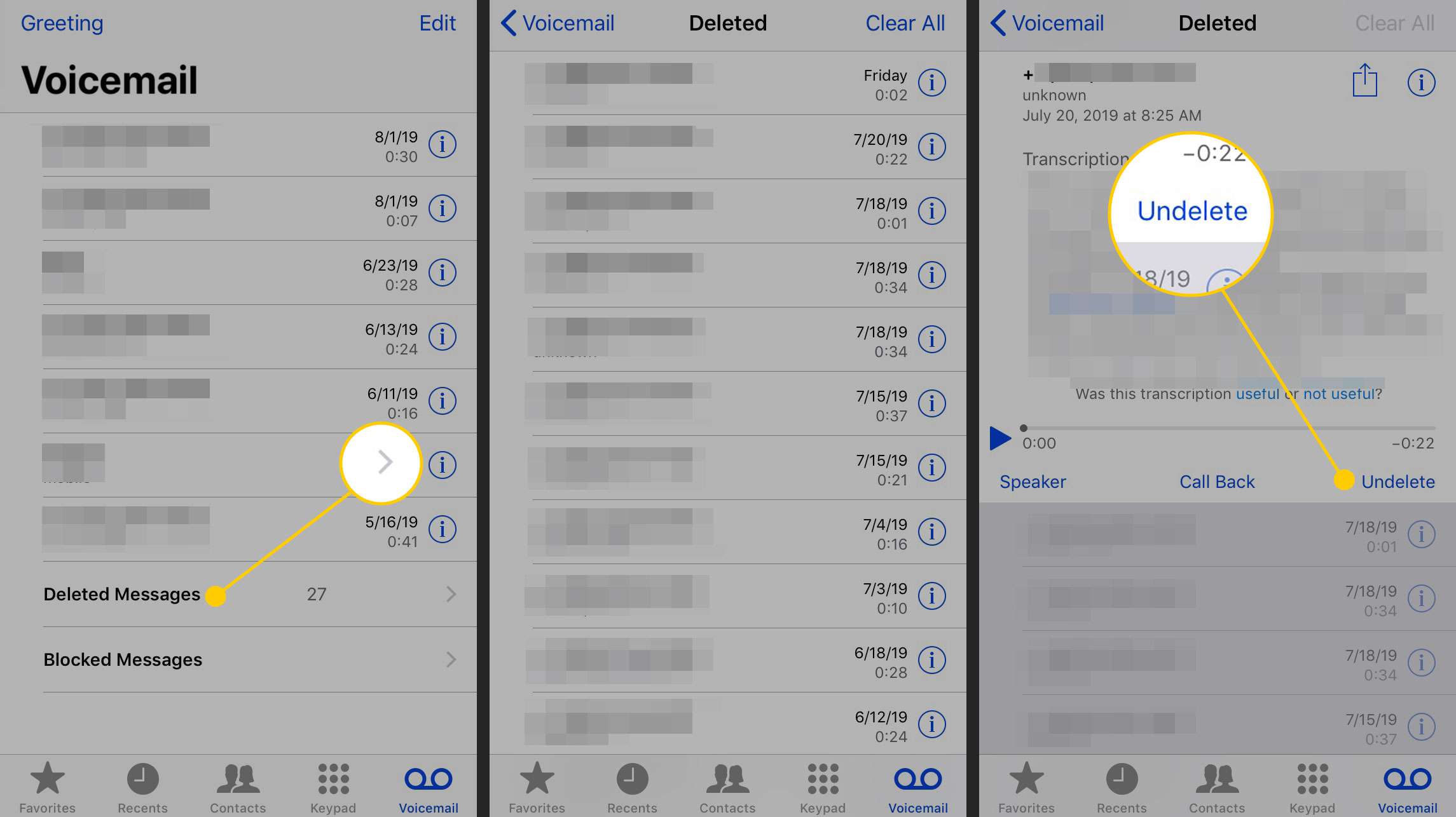 Röstmeddelandeskärm, Raderad skärm och Ångra raderingsknapp på en iPhone