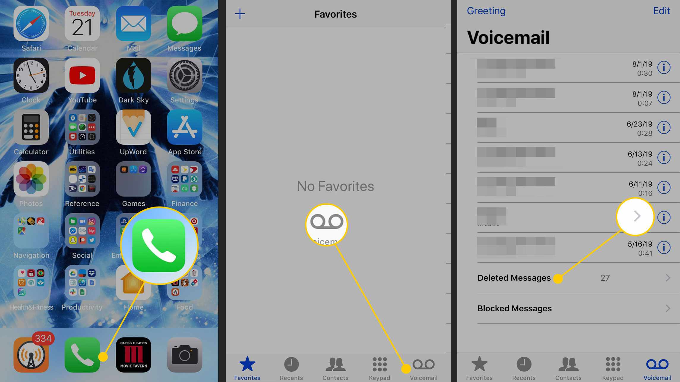 Telefonikon, Favoritskärm och borttagen mapp för röstmeddelanden på en iPhone