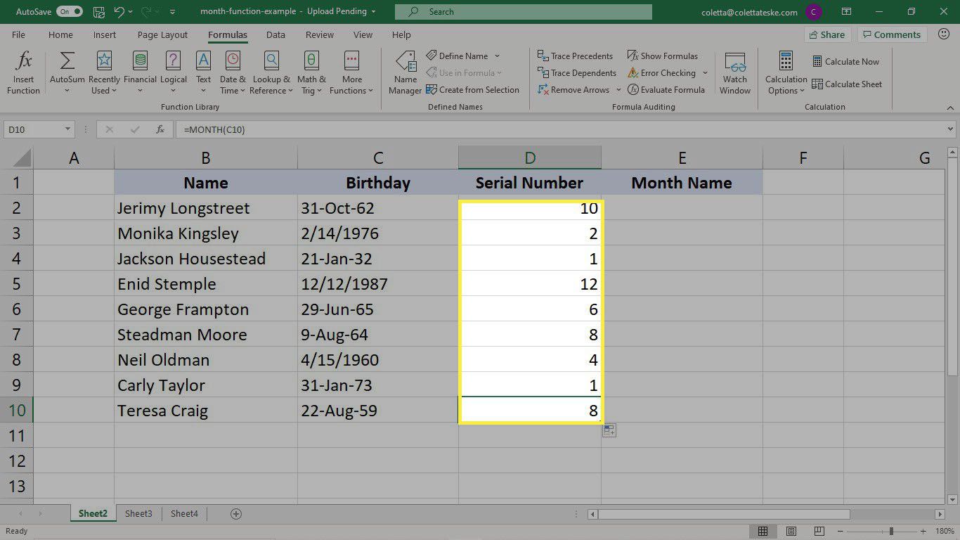 Resultaten av att fylla i MONTH-funktionen i Excel