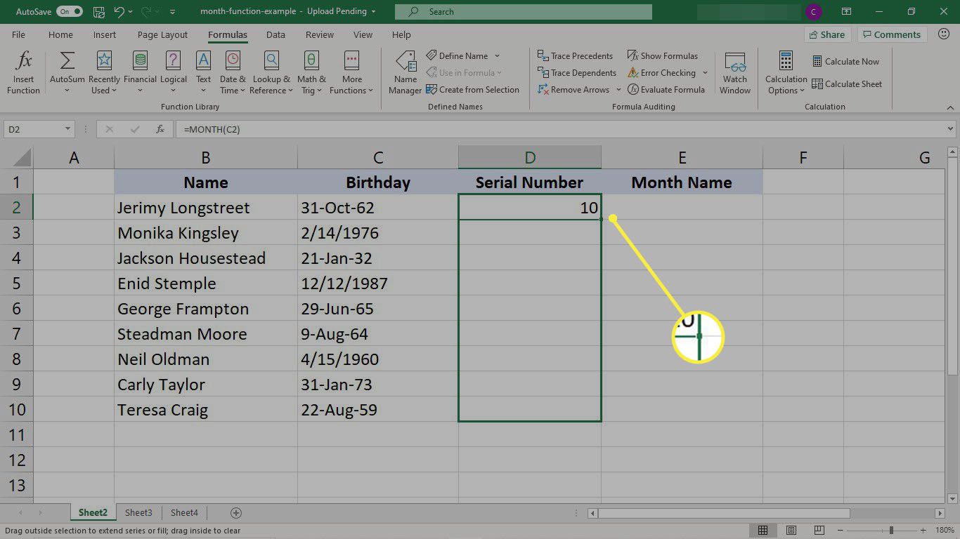 Kopiera MÅNAD-funktionen till en cellkolumn i Excel