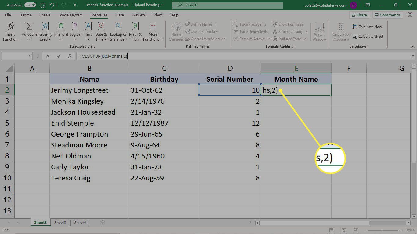 Slutföra VLOOKUP-formeln för att konvertera ett serienummer till text i Excel