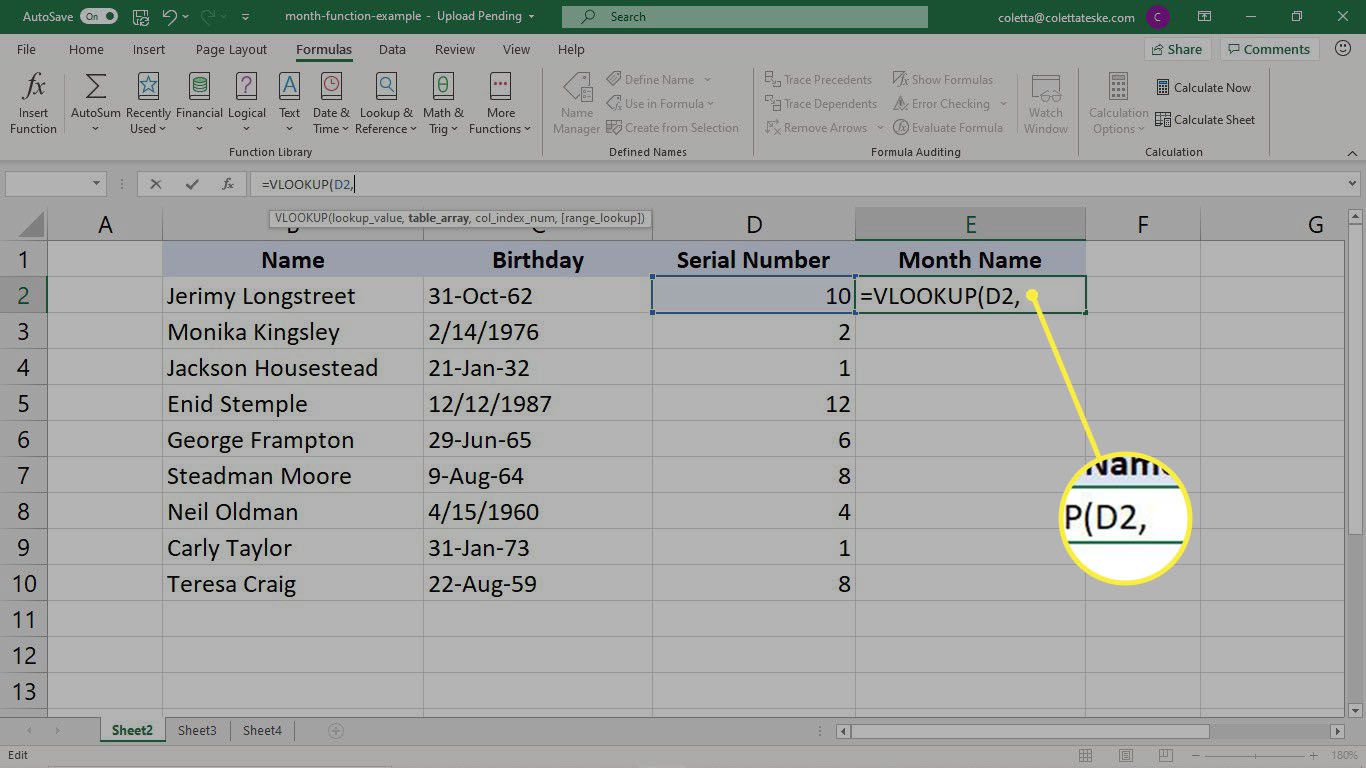 Välja cellen för VLOOKUP-formeln