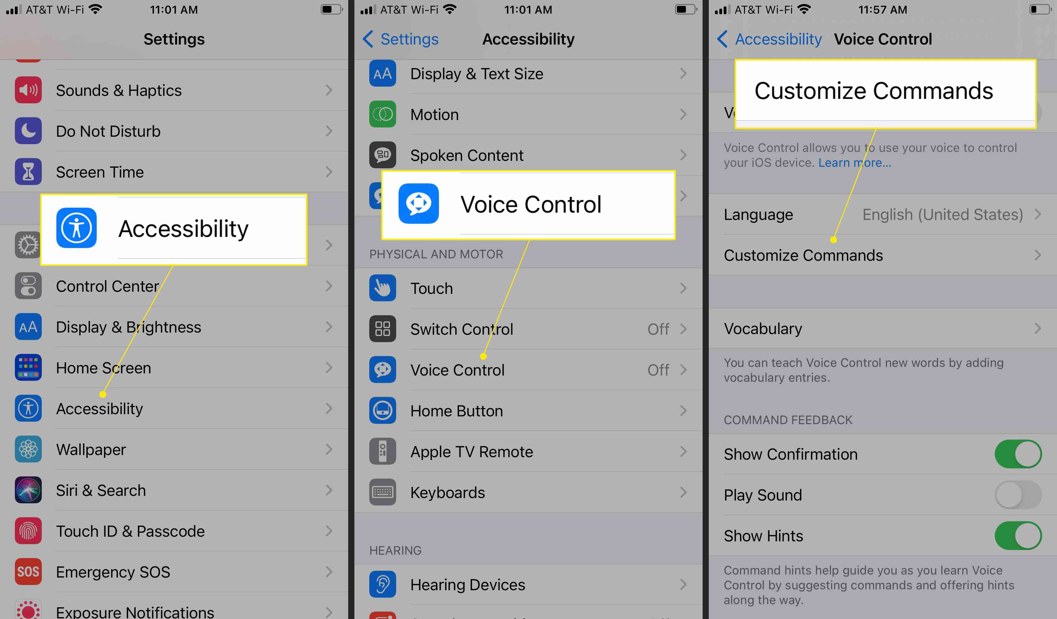 iPhone-inställningar med tillgänglighet, röststyrning och anpassa kommandon markerade