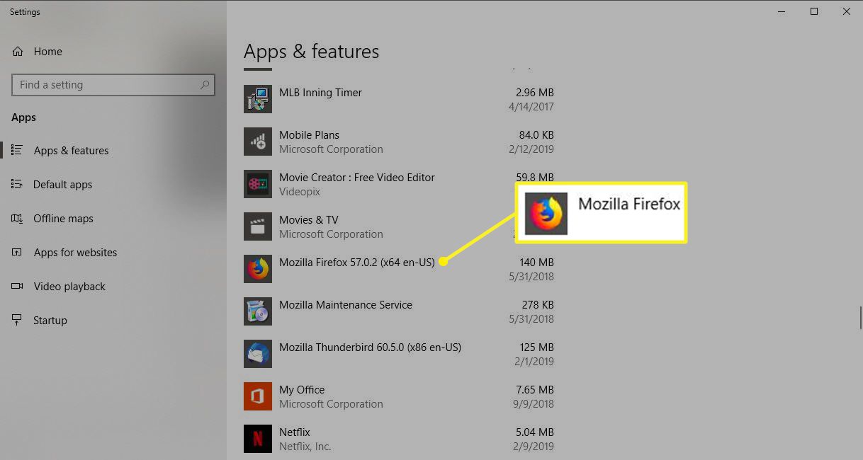 Inställningar för appar och funktioner i Windows 10 med Mozilla Firefox markerad