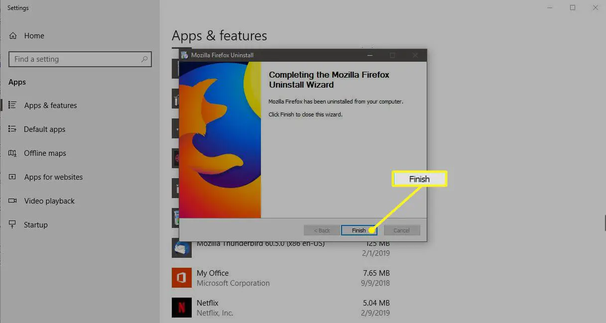 Bekräftelseskärmen i avinstallationsguiden för Firefox med Slutför markerad
