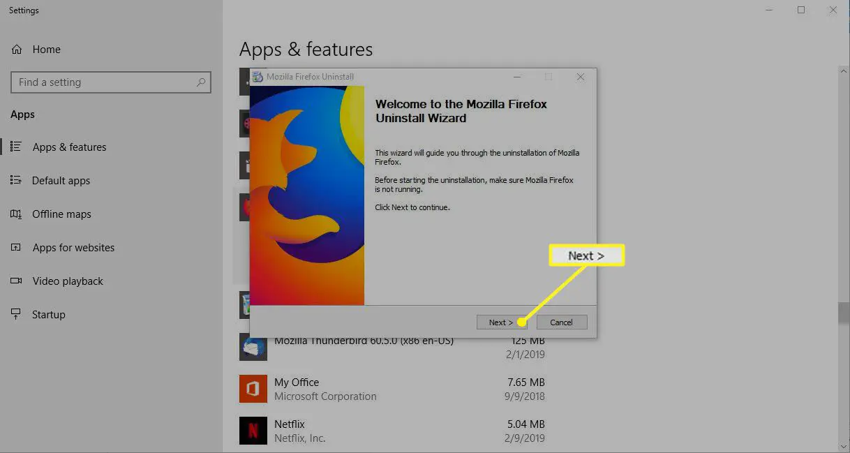 Avinstallationsguiden för Firefox med nästa markerad