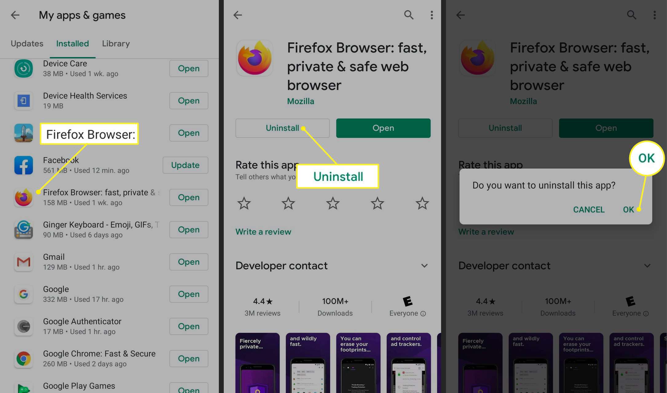 Avinstallerar Firefox från Google Play-appen på Android