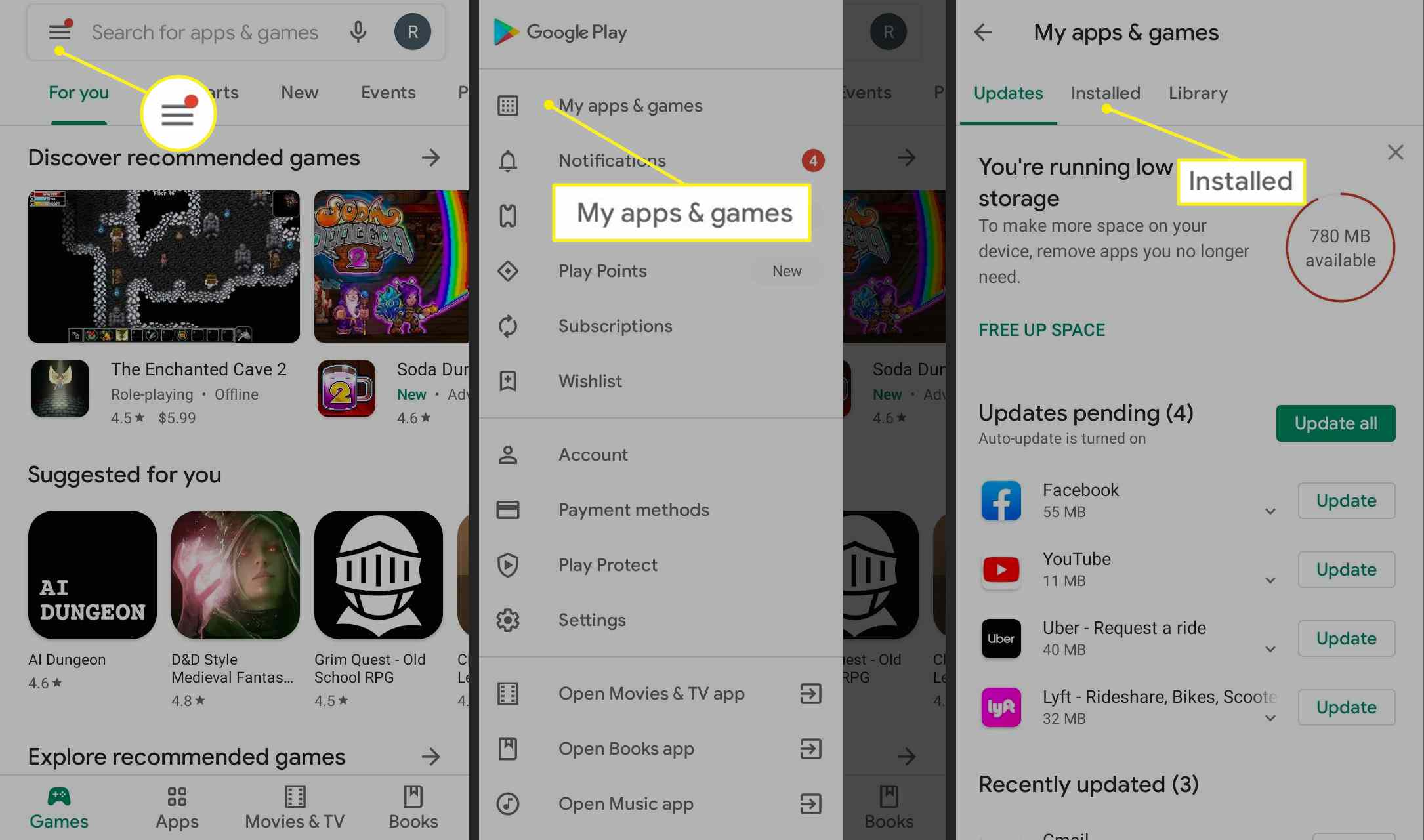 Google Play-appsökväg till installerade appar och spel