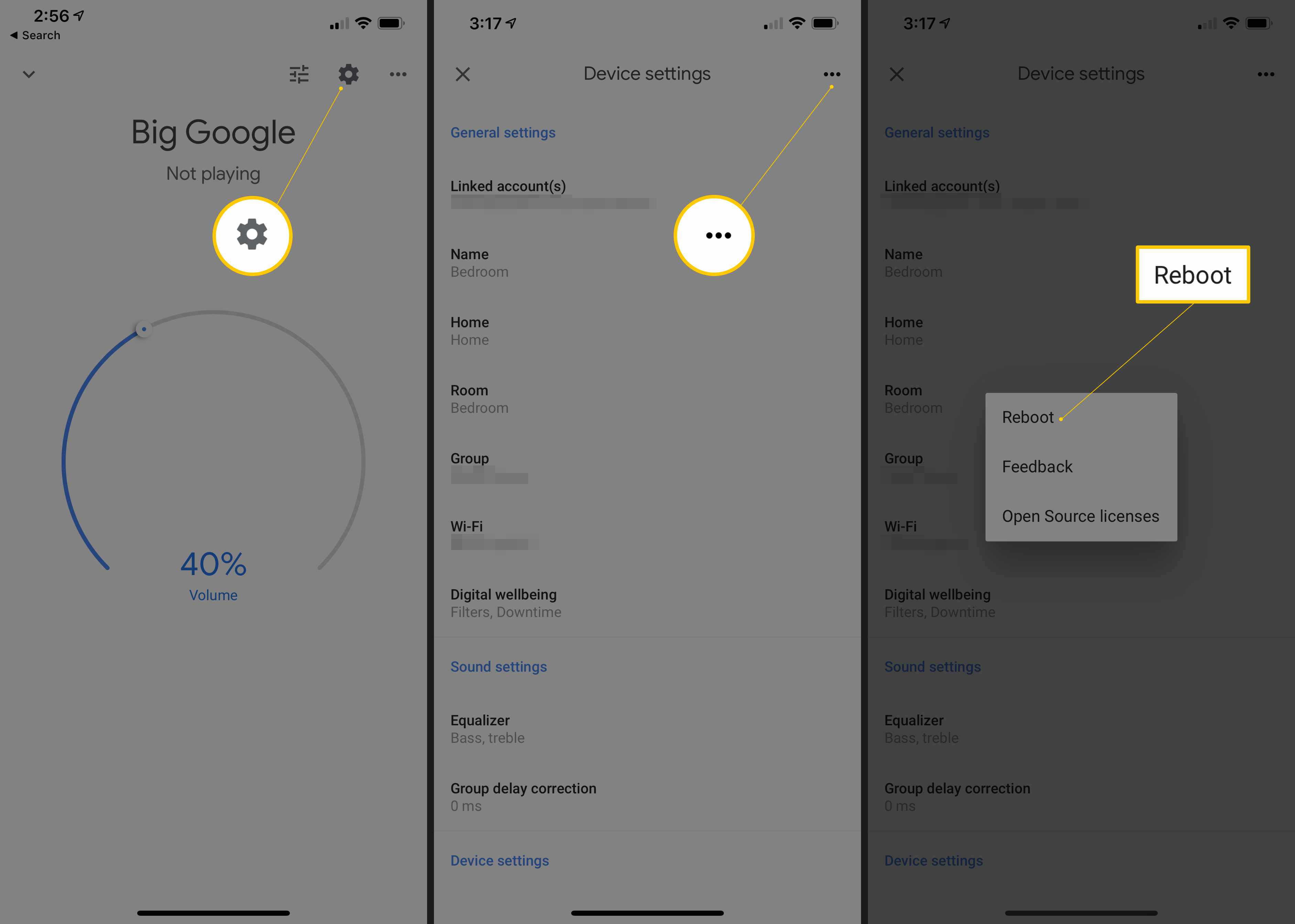 Tre iOS-skärmar i Google Home-appen som visar Gear-ikonen, den tre vågräta punktmenyn och alternativet Starta om