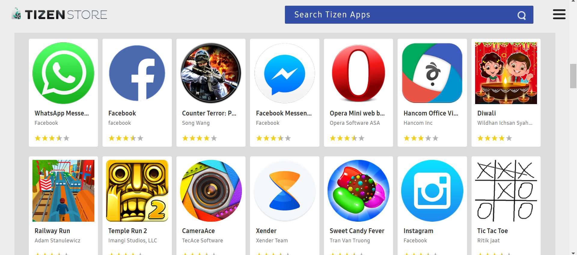 Tizen app store med två rader med appar och ett sökfält