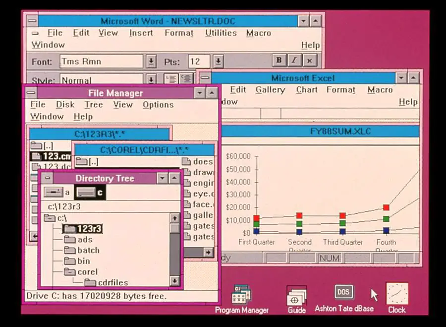 Windows 3.0, Word och Excel skärmdump
