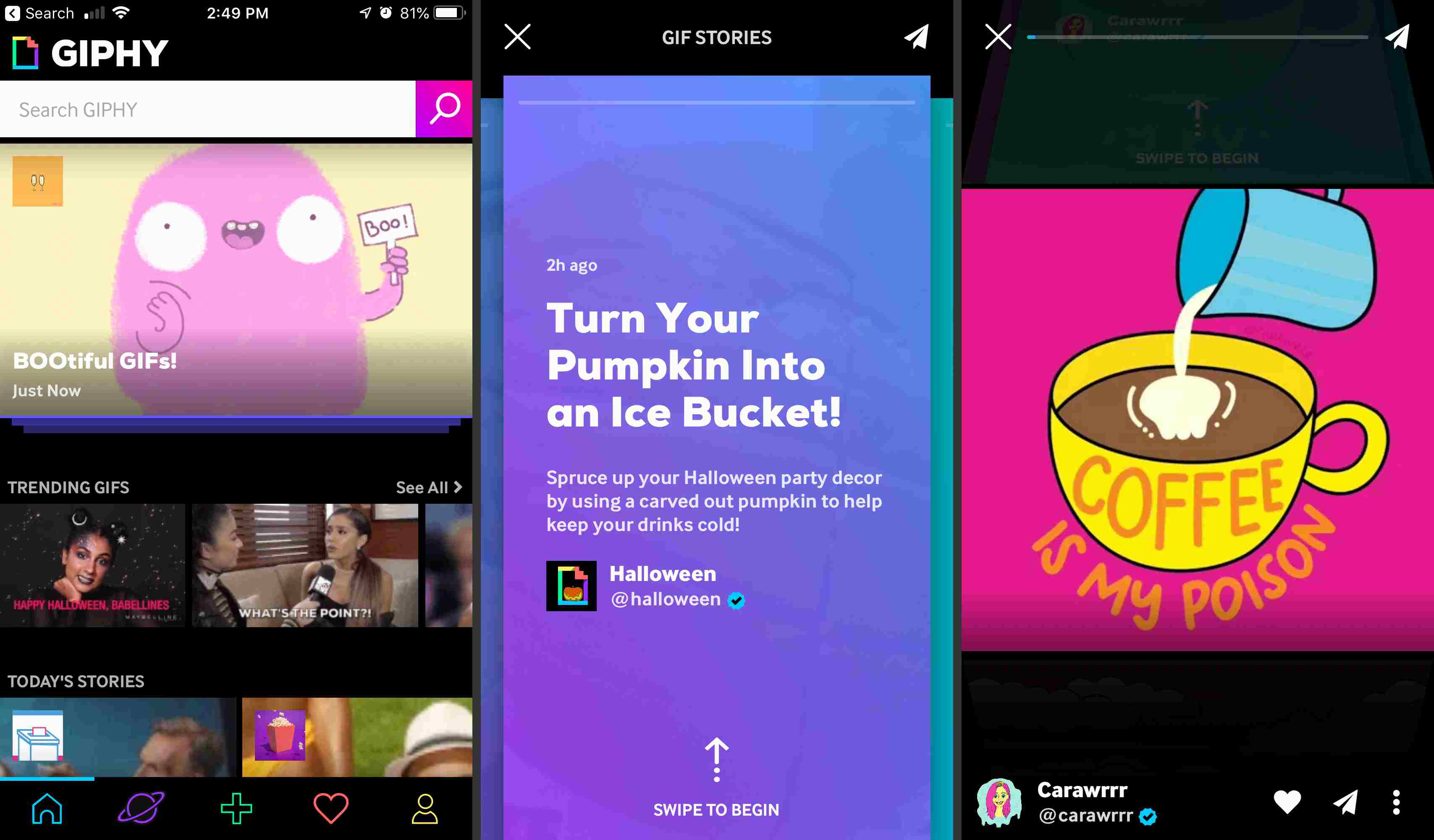 GIPHY stickers-app - tre iOS-skärmar