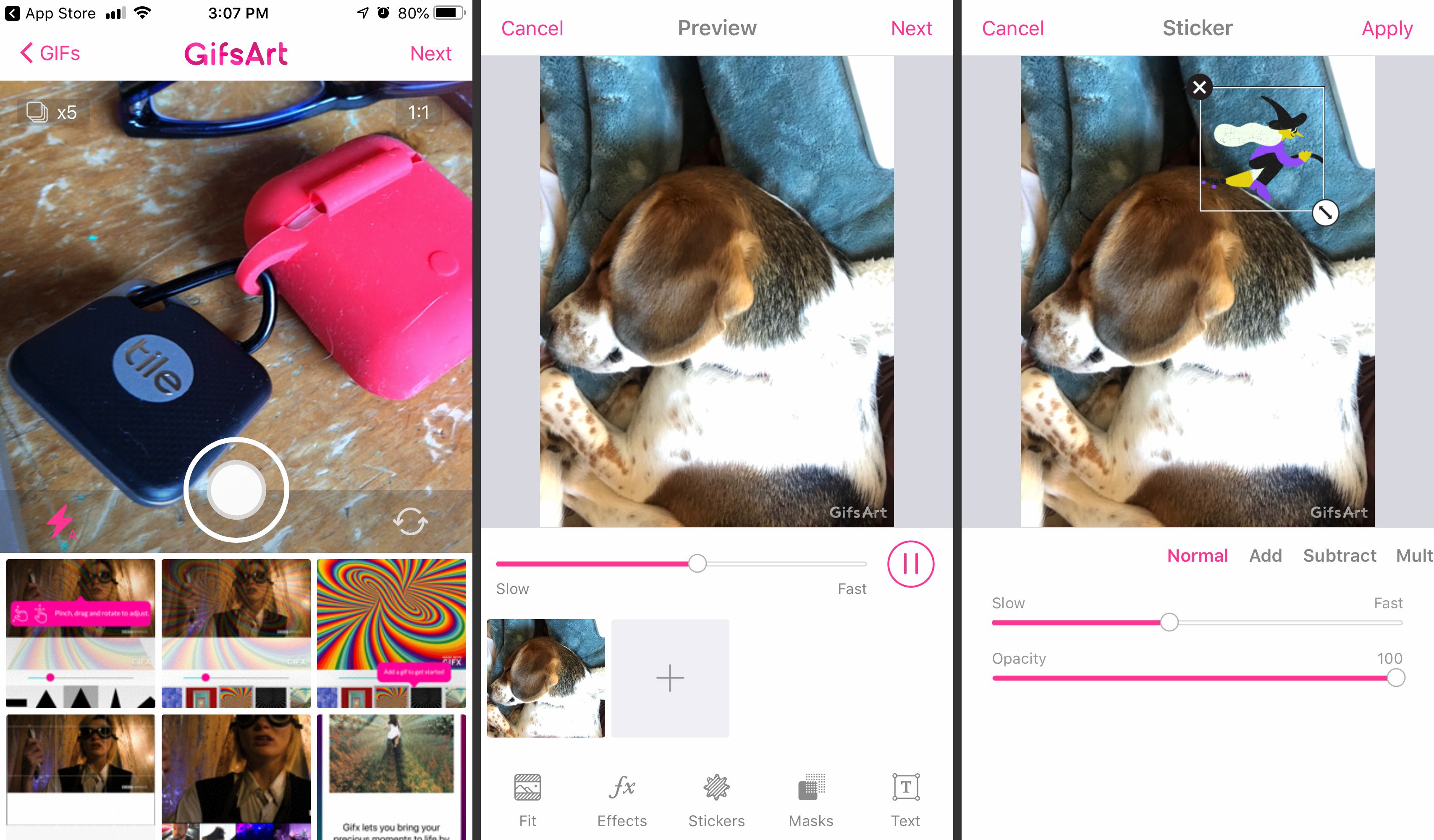 Tre iOS-skärmar från PicsArt GIF och Sticker maker