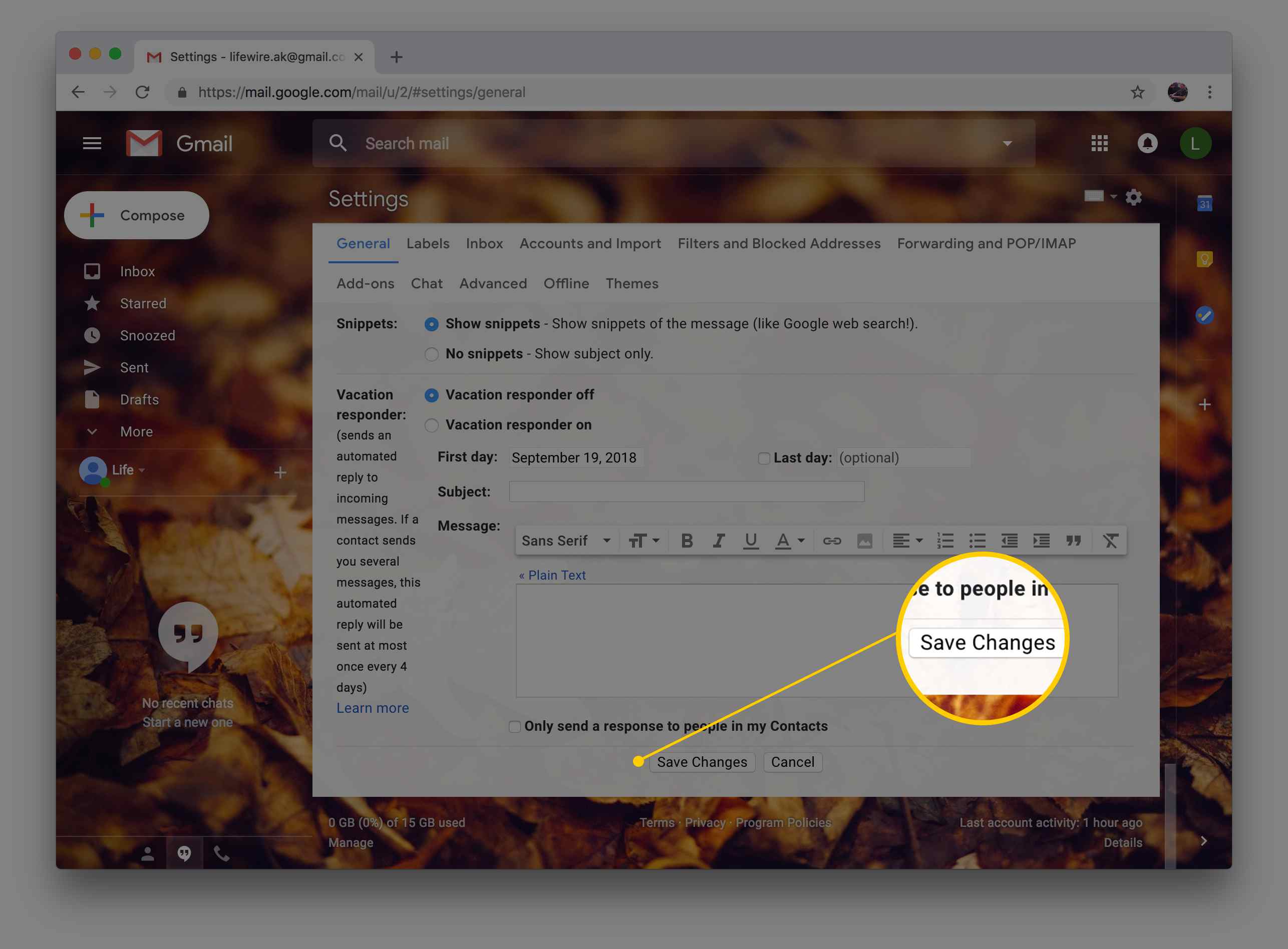 Skärmdump av Spara ändringar i menyn Inställningar i Gmail via webbläsaren Chrome