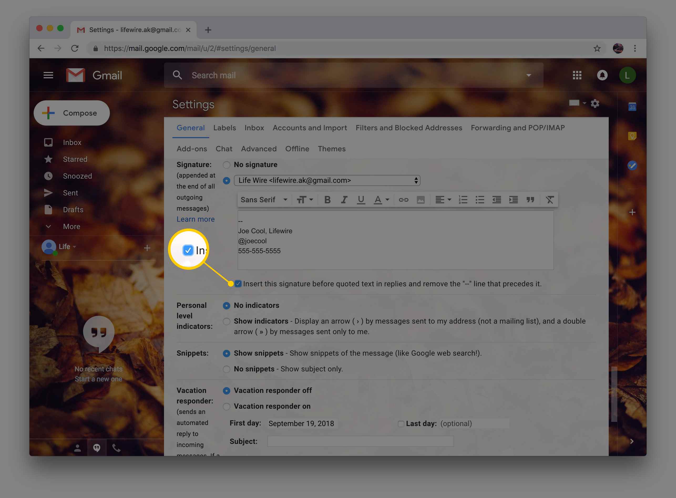 Skärmdump av alternativet för att infoga din signatur innan citerad text i Gmail-inställningar via webbläsaren Chrome