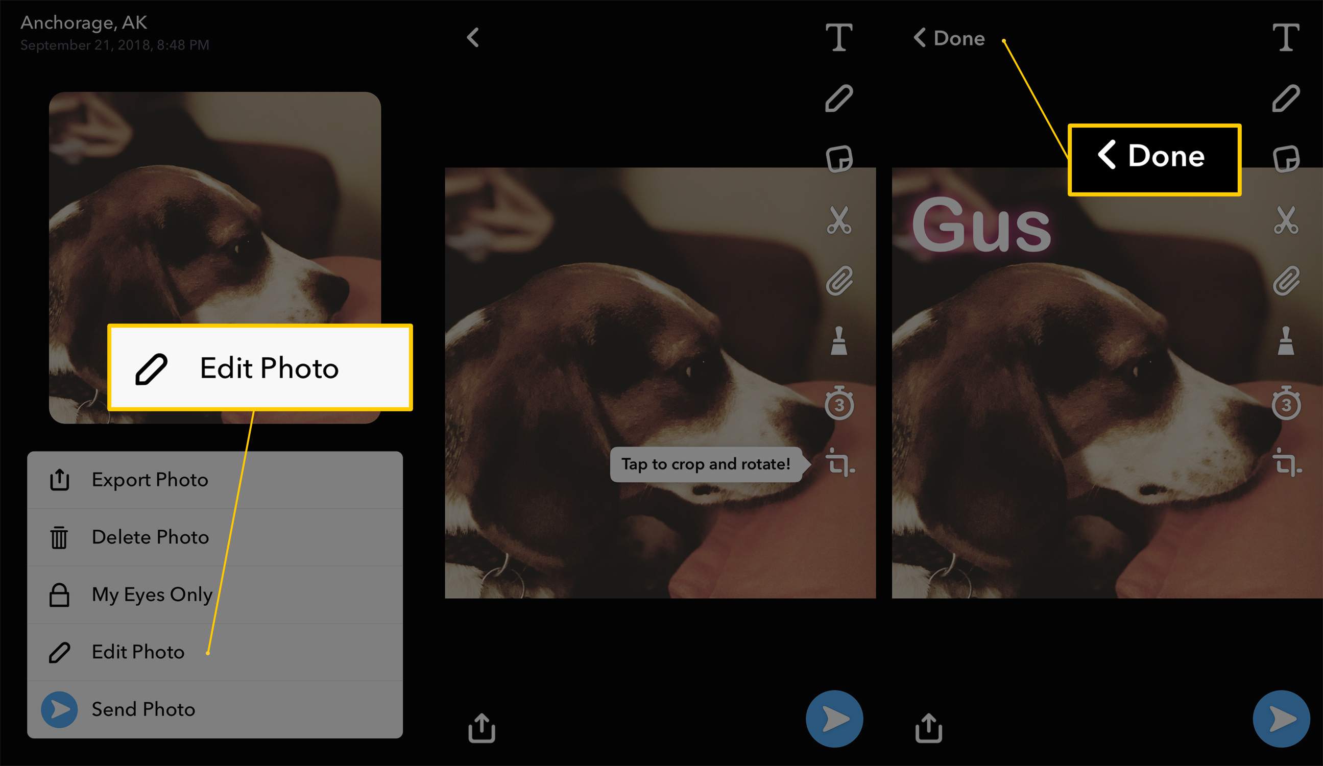 Tre iOS-skärmar från Snapchat som visar knapparna Redigera foto, redigering och Klar