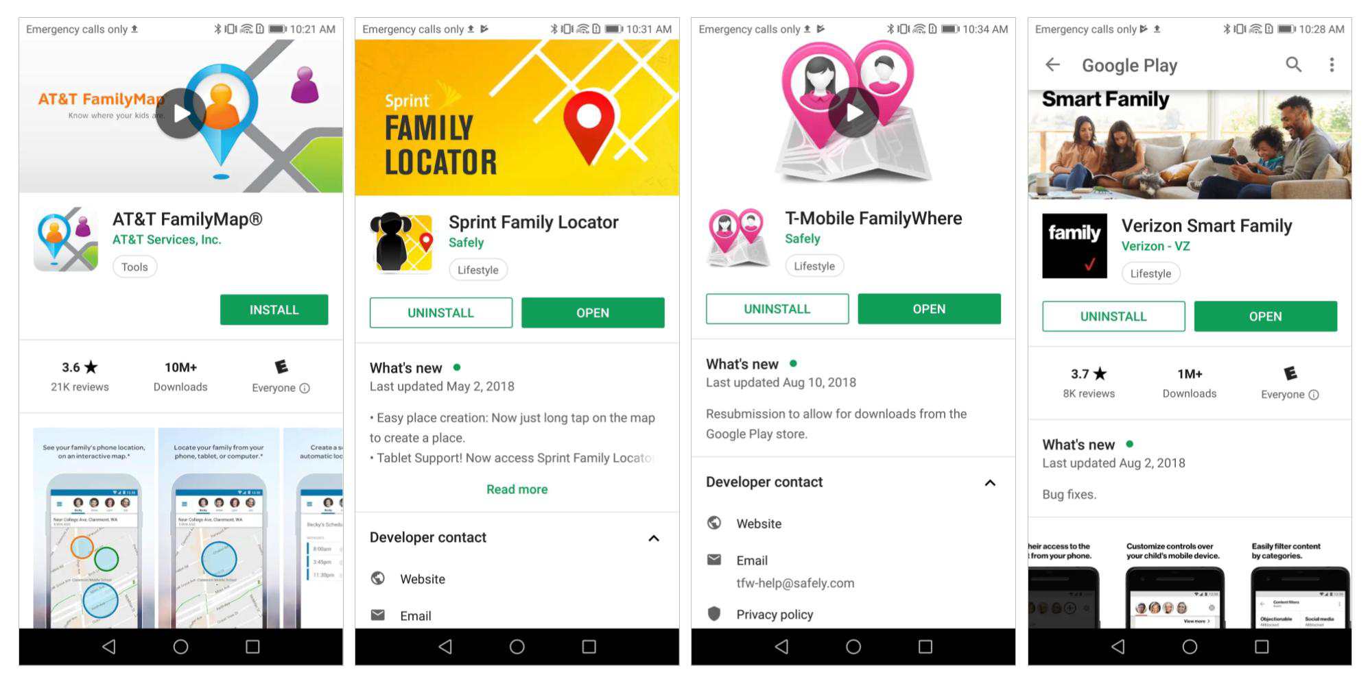 Operatörsappar: AT&T FamilyMap;  Sprint Family Locator;  T-Mobile FamilyWhere;  Verizon Smart Family