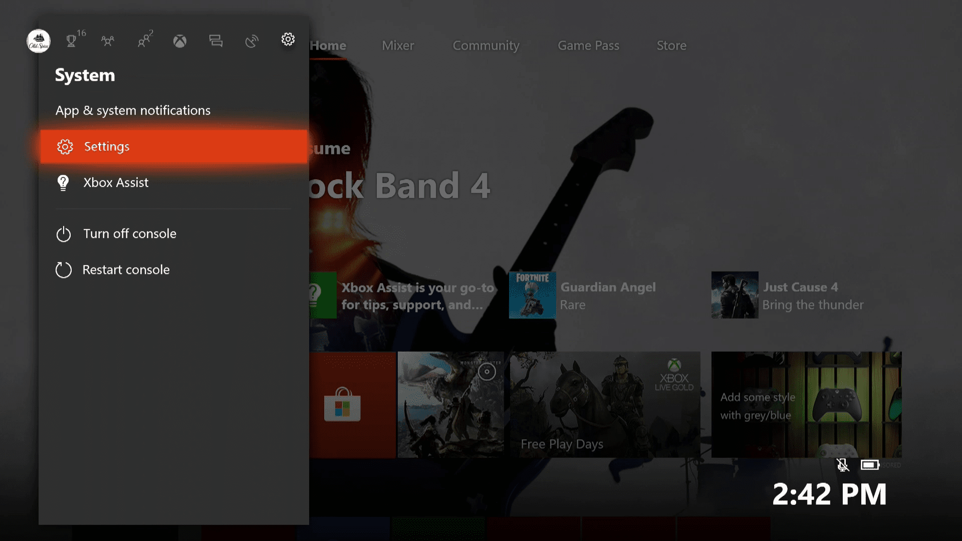 En skärmdump av Xbox One-guide-systemmenyn.