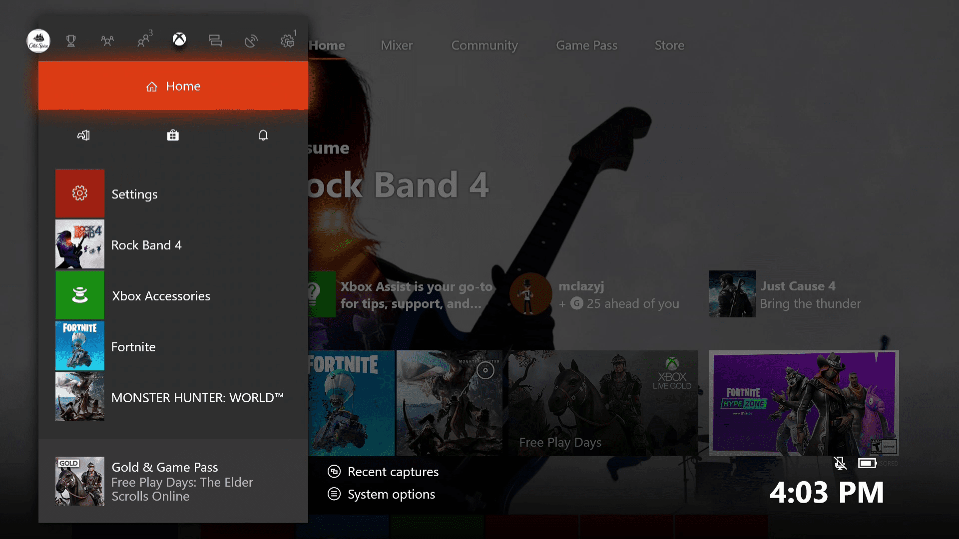 En skärmdump av Xbox One-guiden.