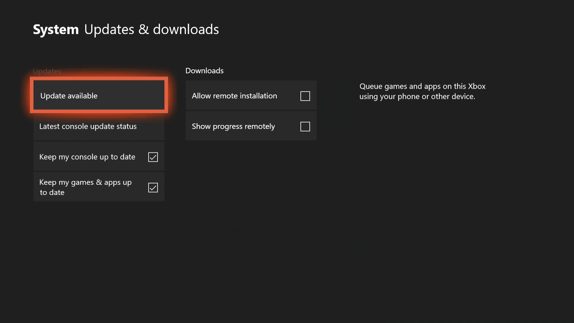 En skärmdump av Xbox One-uppdaterings tillgängliga skärm.
