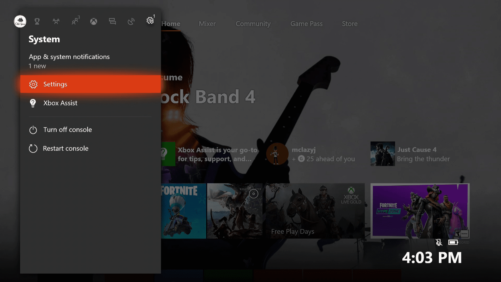 En skärmdump av Xbox One-systeminställningsmenyn.