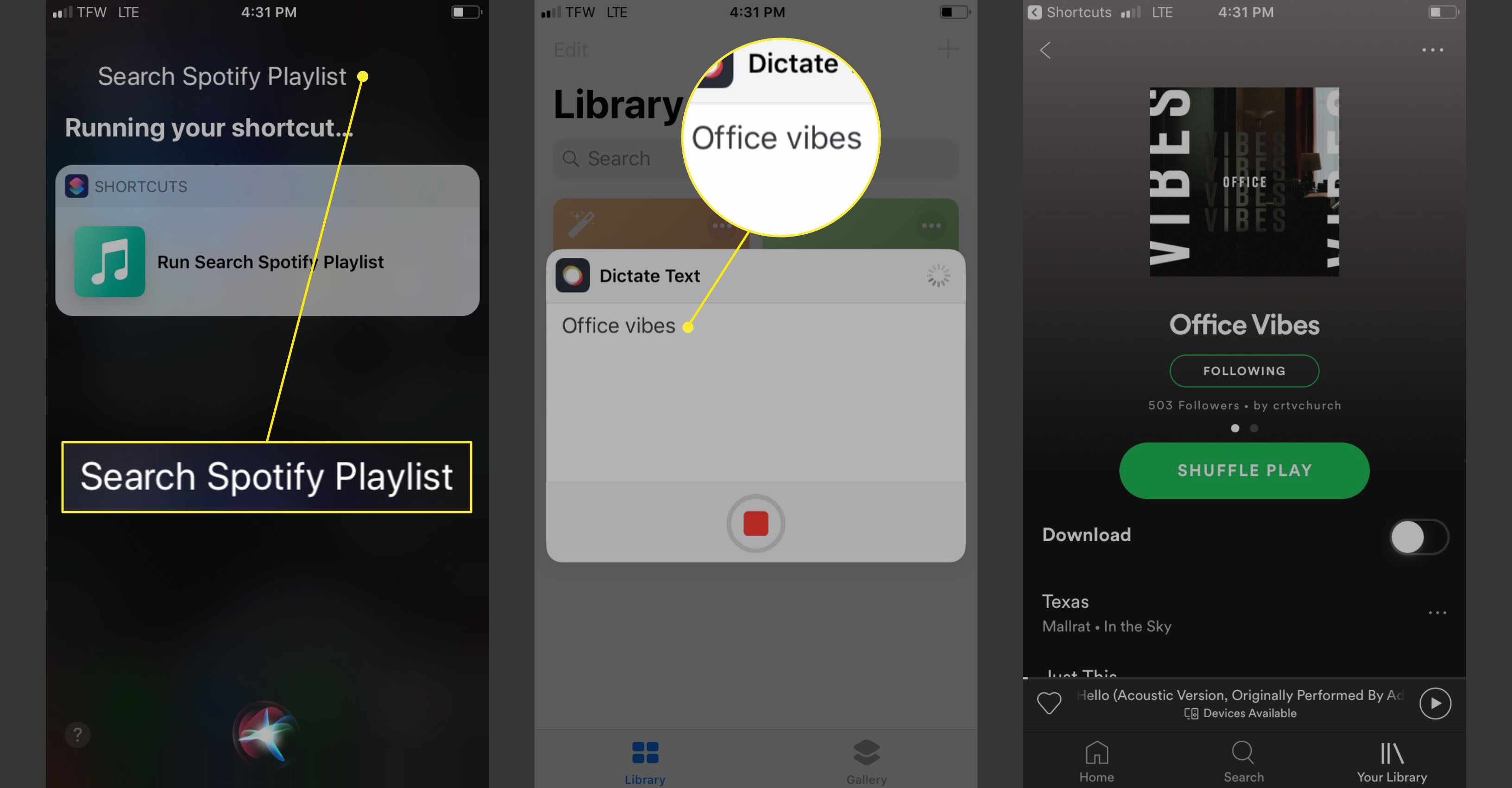 Använda Siri-genvägar för att söka efter en spellista på Spotify
