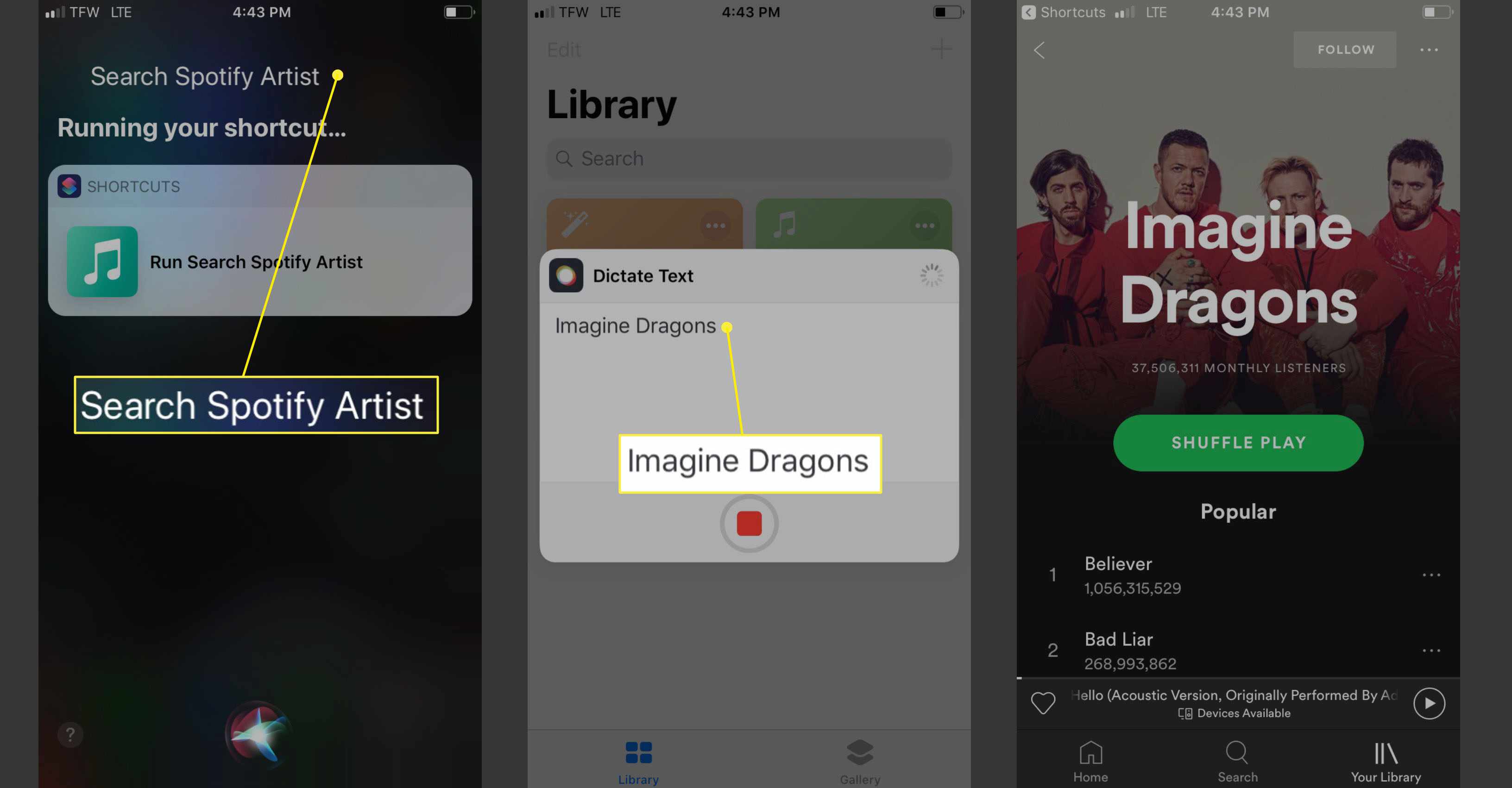 Använd Siri genväg för att söka efter en artist på Spotify