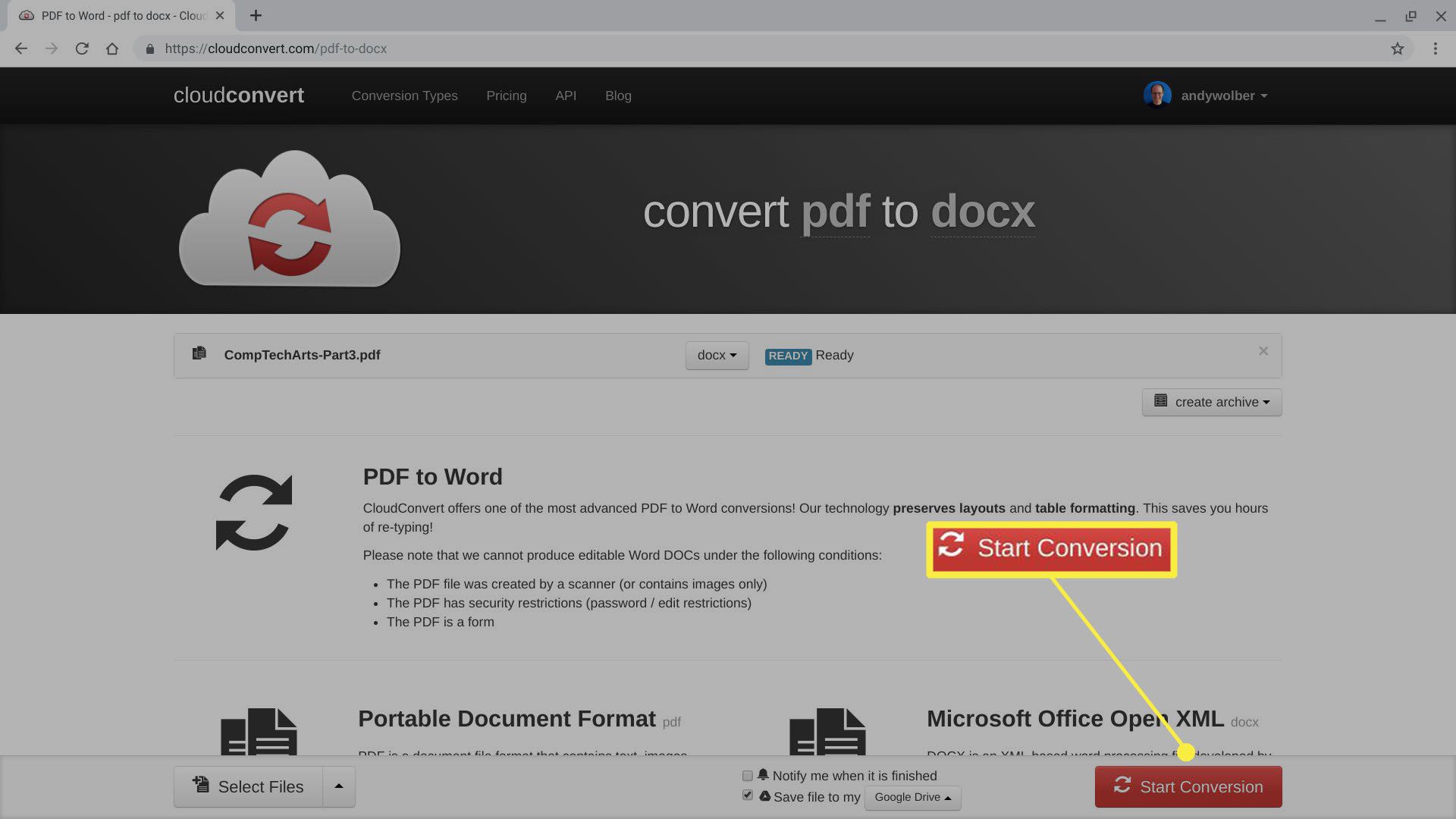 Skärmdump av .pdf till .docx-filkonvertering på CloudConvert.com