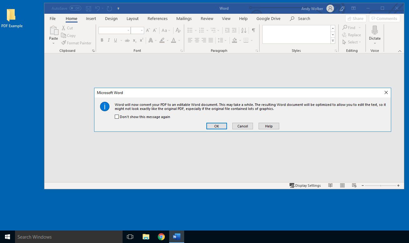 Skärmdump av Word (på Windows) med meddelandet "Word konverterar nu din PDF till ett redigerbart Word-dokument."