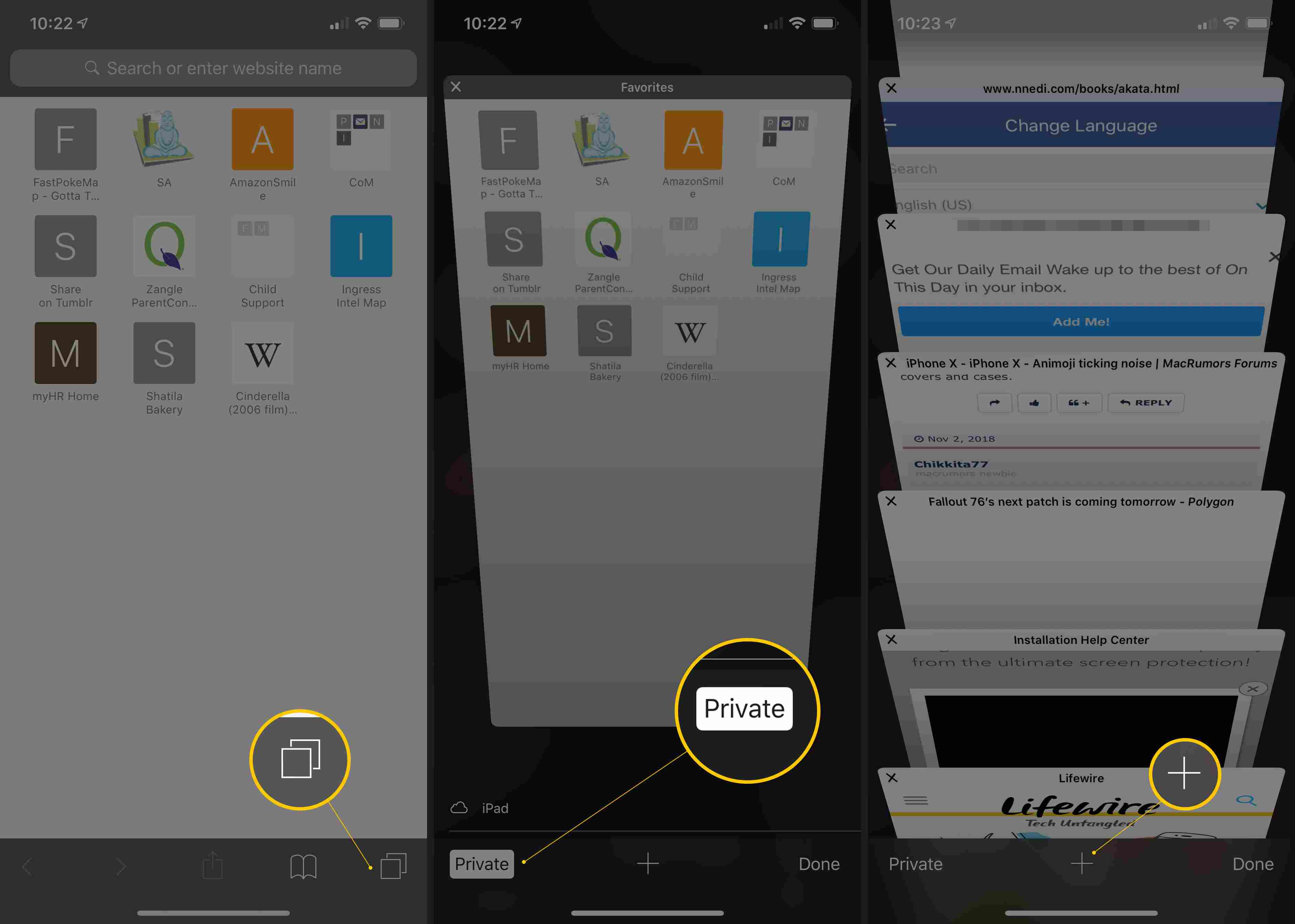 Tre iOS-skärmar som visar nytt fönster, privat surfning och Plus-knappar för att avbryta privat surfläge