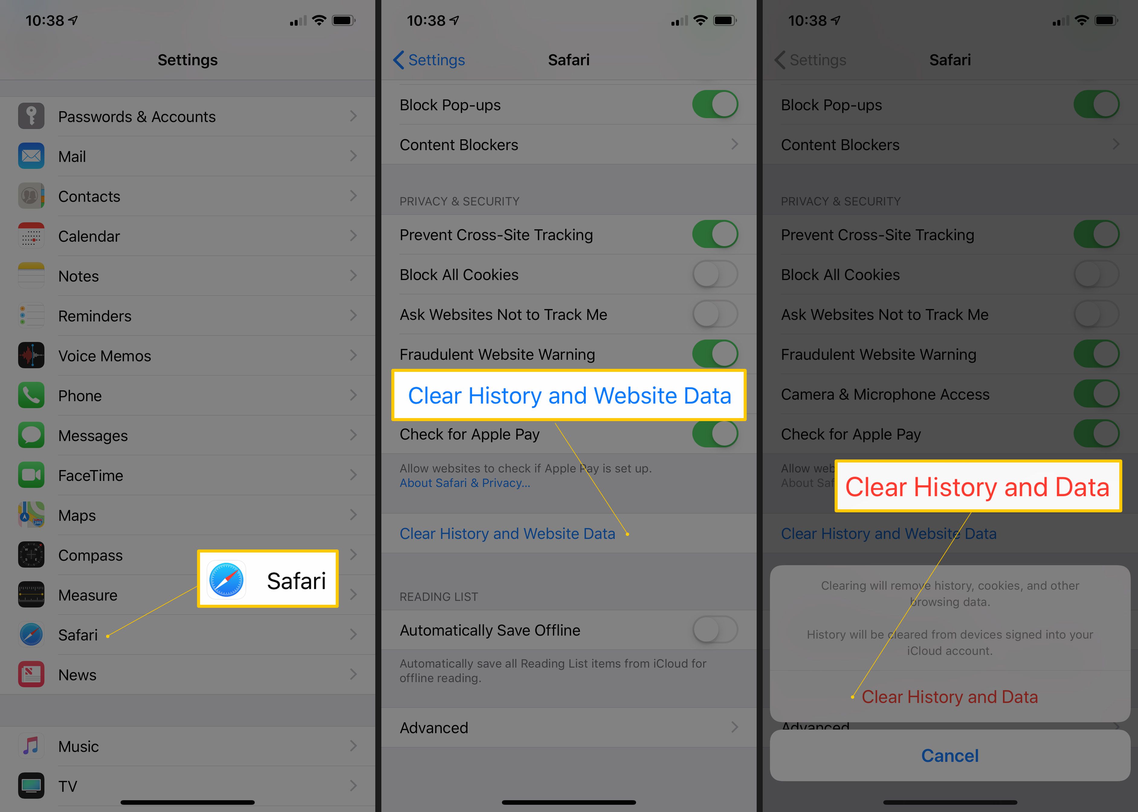 Tre iOS-skärmar som visar Safari, Rensa historik och webbplatsdata och bekräftelsedialog i appen Inställningar