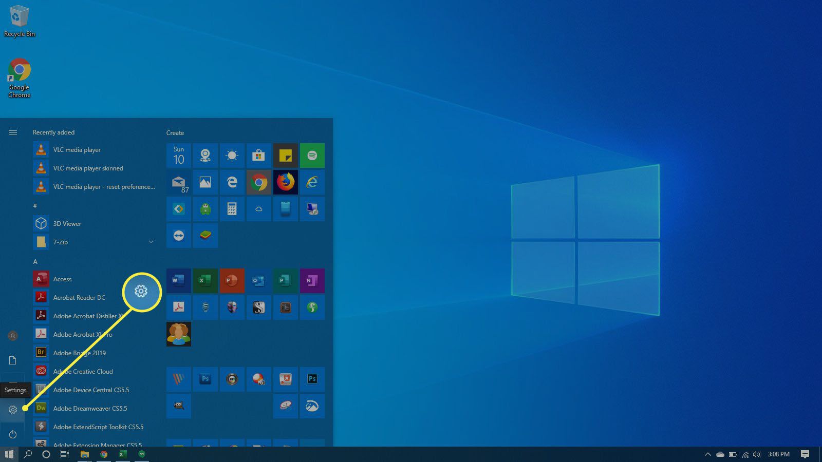 Välja inställningar i Windows 10.