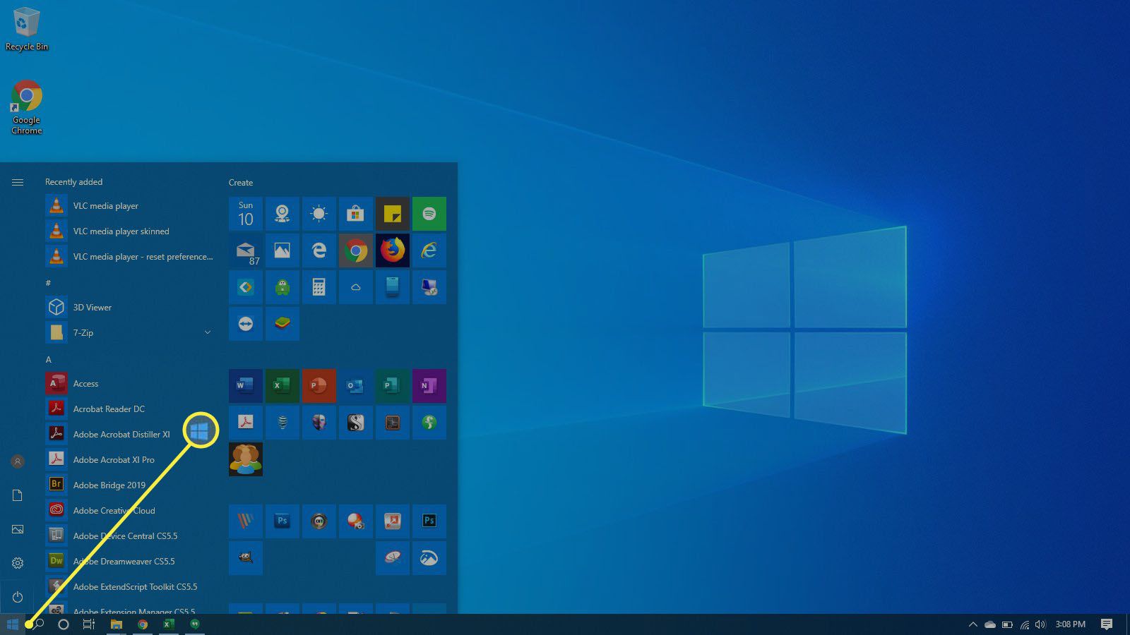 Start-menyn i Windows 10.