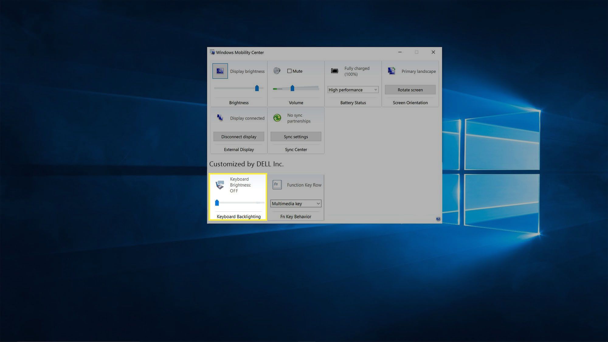Windows mobilitetscenter med avsnittet Tangentbordets ljusstyrka markerad.