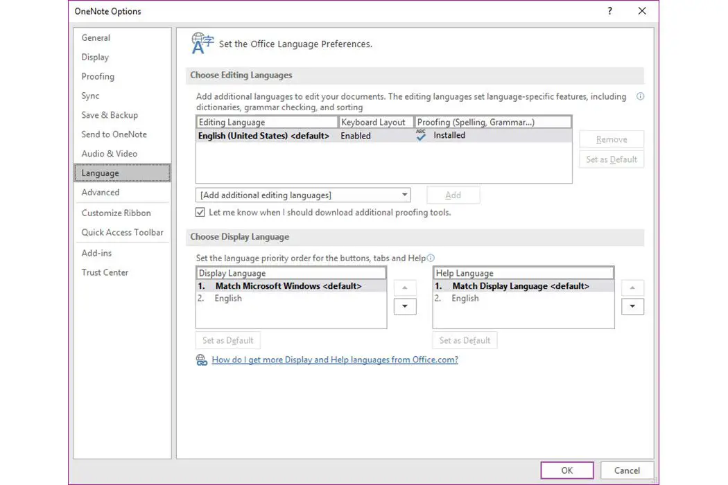 Skärmdump av språkinställningarna i Microsoft OneNote 2016.