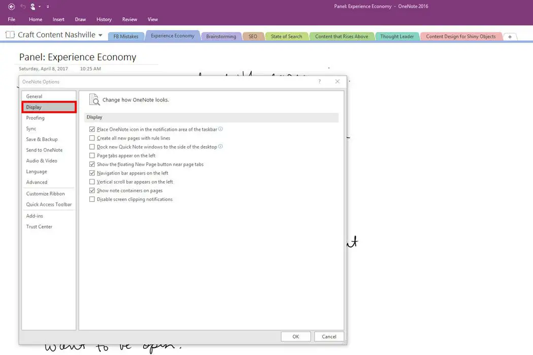 Skärmdump av OneNote 2016 visningsalternativ.