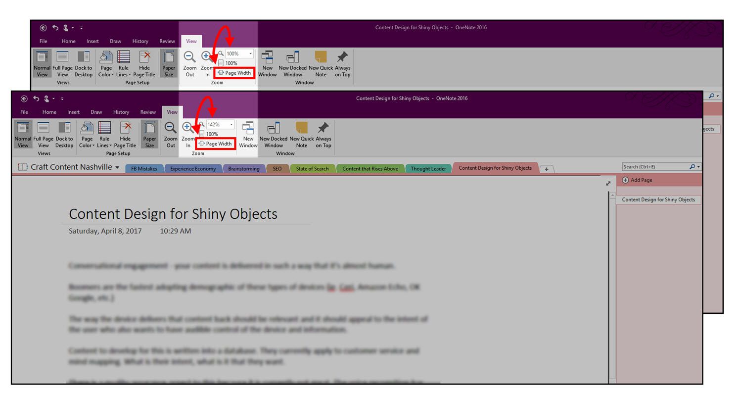 Val av sidbredd och exempel i Microsoft OneNote 2016.